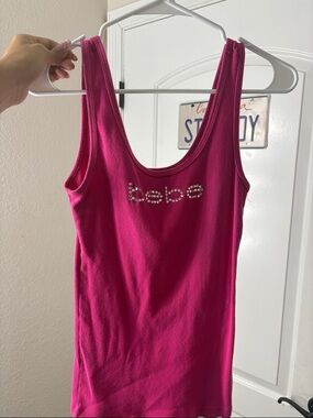 Y2K BEBE Fuchsia Rhinestone Logo Ribbed Tank